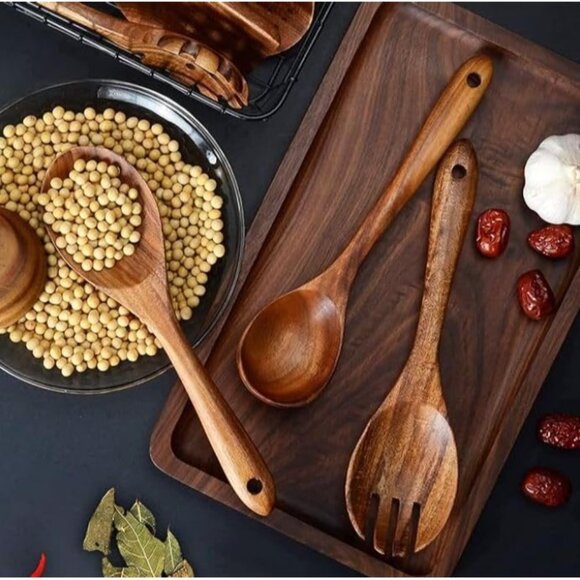 Natural Teak Wood 6Pcs Utensils Set Holder Non-stick wooden utensils durable - Picture 5 of 10